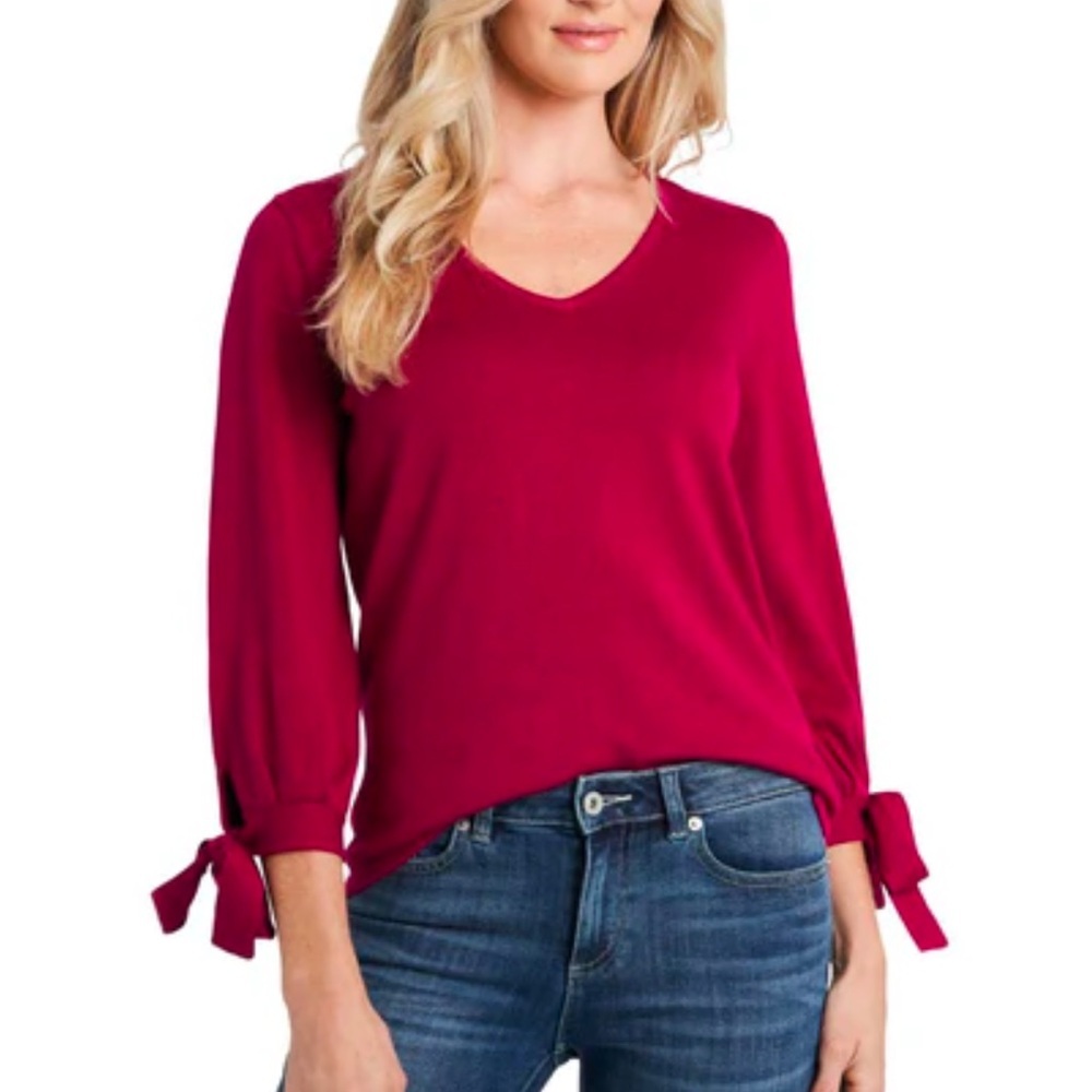 NWT  CeCe Womens Knit Tie Sleeve V-Neck Sweater
